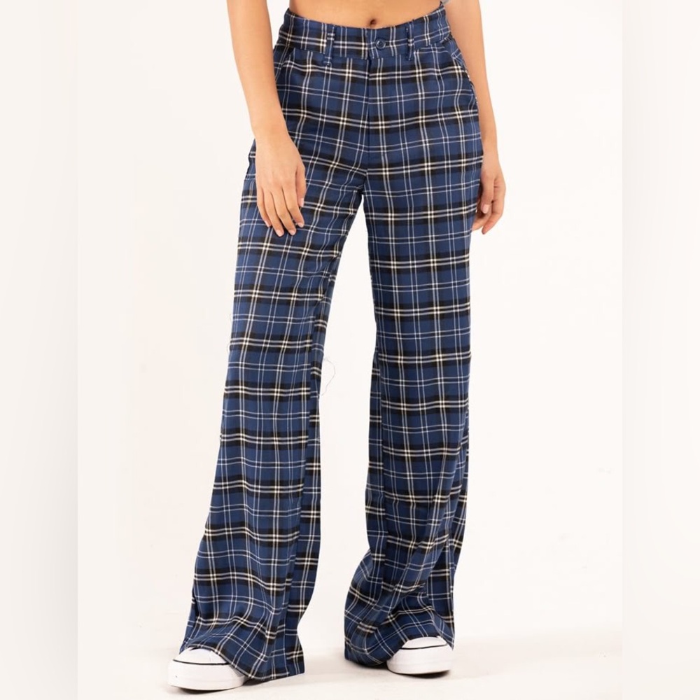 RSQ Women’s Navy Plaid Wide-Leg Trousers Size Small |C95